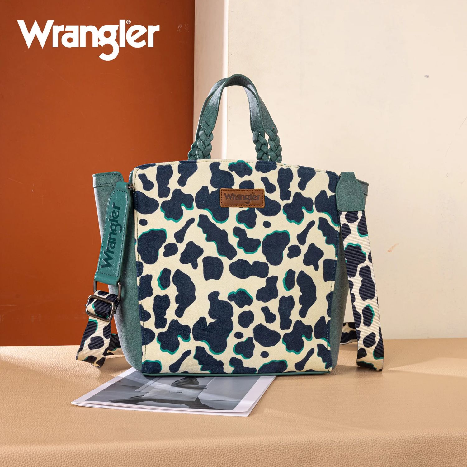 WRANGLER COW PRINT CONCEALED CARRY TOTE, Color: DARK TURQUOISE