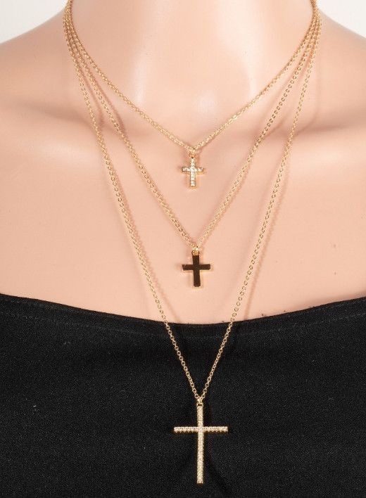TRIPLE CROSS PENDANT LAYERED NECKLACE