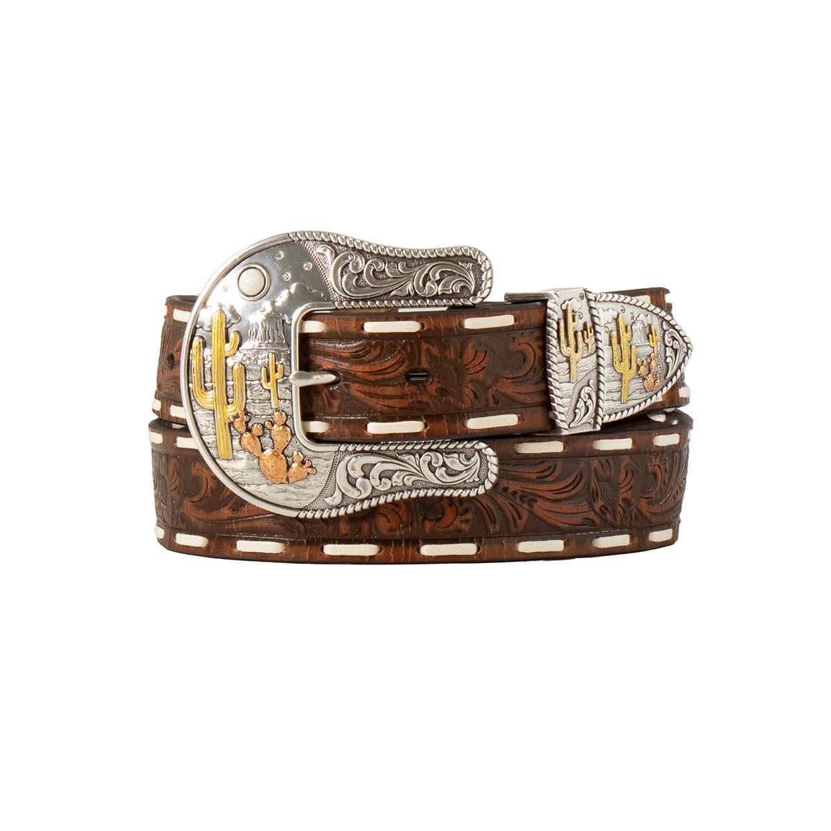 ANGEL RANCH TOOLED WHITE STITCH BELT