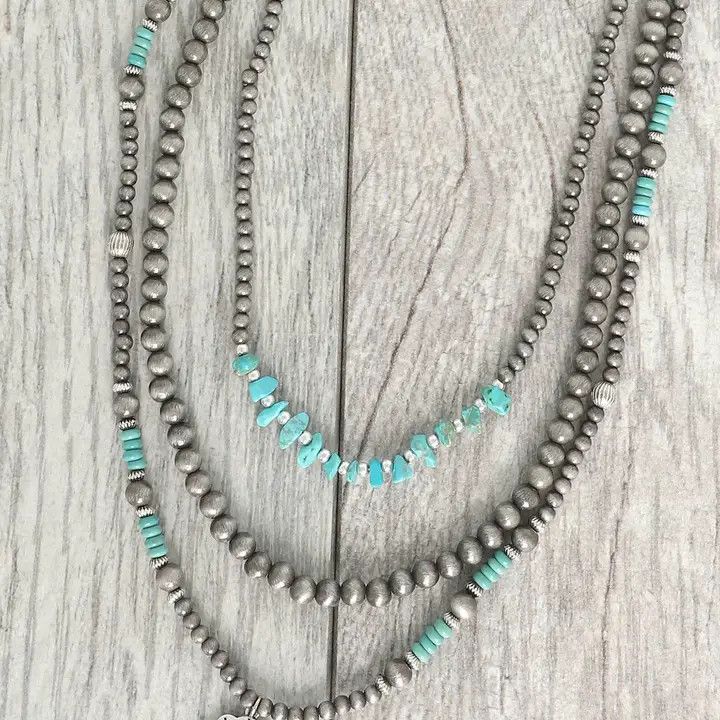 MULTISTRAND FLORAL PENDANT TURQUOISE BEADED NECKLACE
