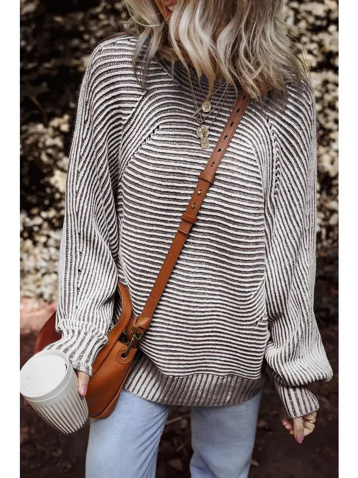 STRIPED RIBBED BOAT NECK SWEATER