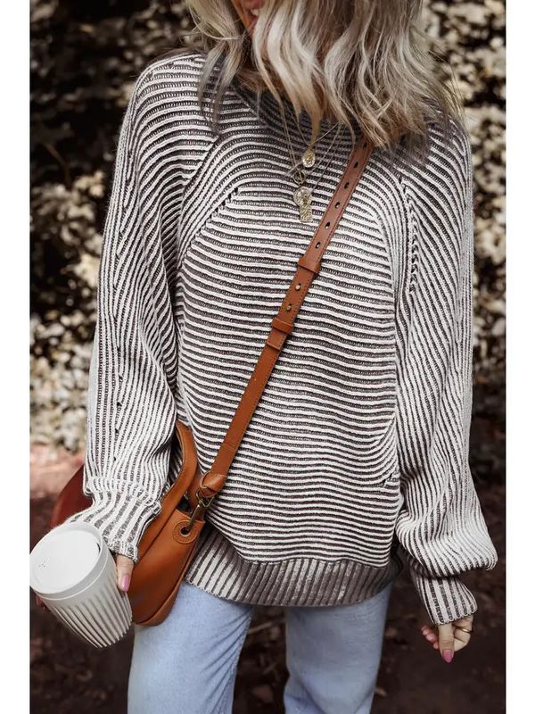 STRIPED RIBBED BOAT NECK SWEATER