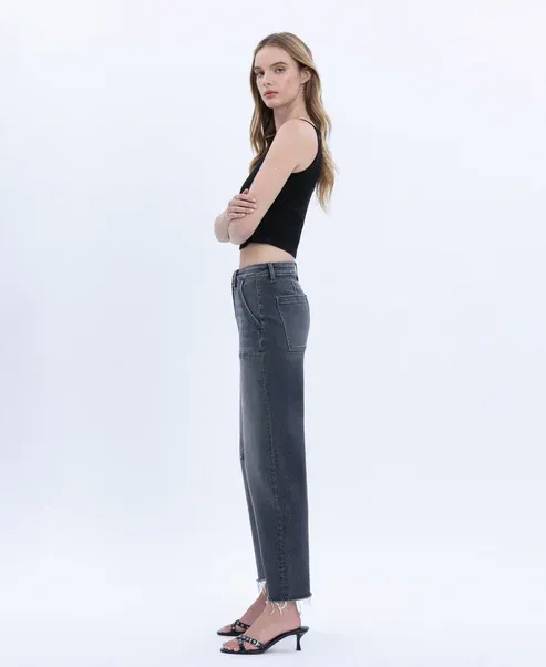 FLYING MONKEY HIGH RISE RAW HEM UTILITY BARREL JEAN
