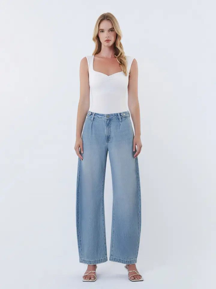 VERVET HIGH RISE PLEATED TAB WAISTBAND BARREL LEG JEAN
