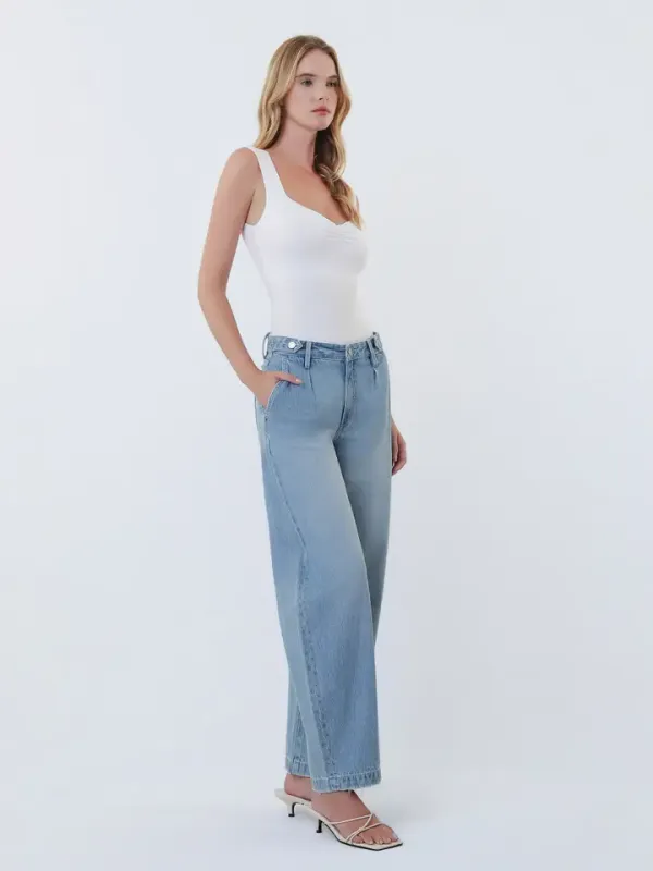 VERVET HIGH RISE PLEATED TAB WAISTBAND BARREL LEG JEAN