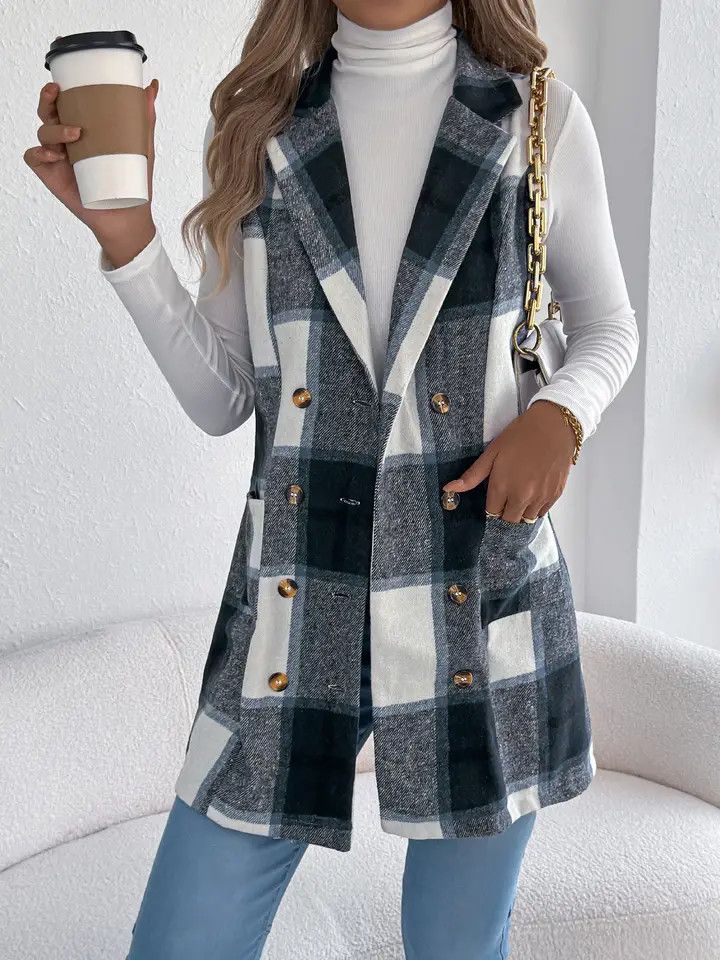 PLAID DOUBLE BREASTED POCKET VEST