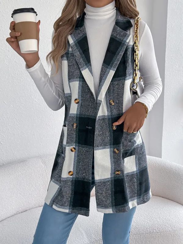 PLAID DOUBLE BREASTED POCKET VEST