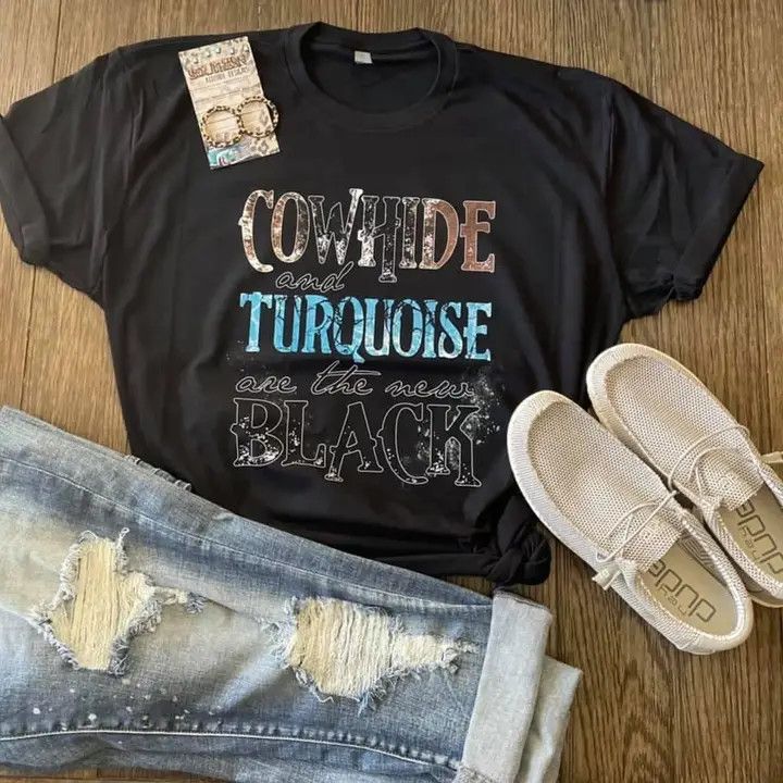 COWHIDE &amp; TURQUOISE WESTERN TEE