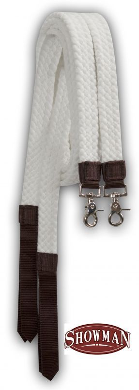 SHOWMAN WHITE COTTON SPLIT REINS W/NYLON POPPER, 7.5 FT.