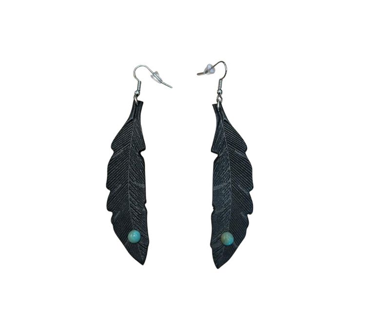 LEATHER FEATHER W/STONE EARRINGS