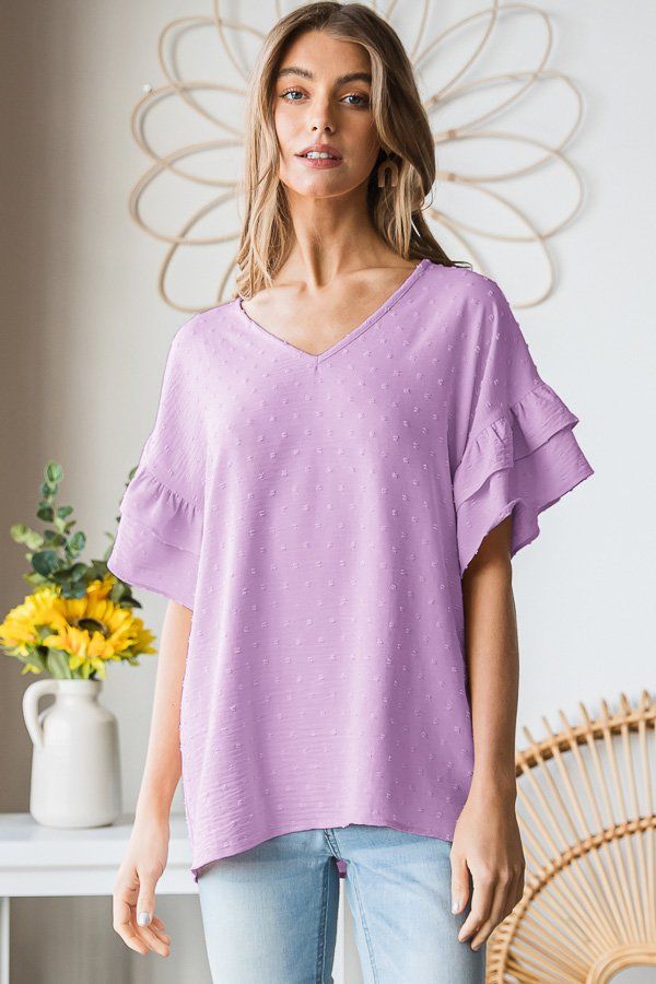 RUFFLE SLEEVE V-NECK TOP