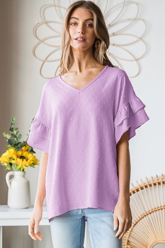 RUFFLE SLEEVE V-NECK TOP