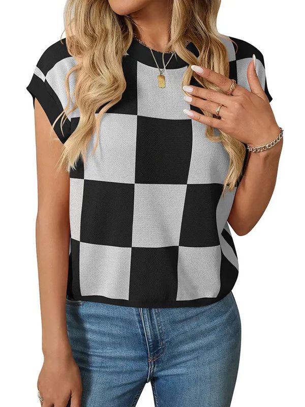 CHECKERED CAP SLEEVE KNIT VEST