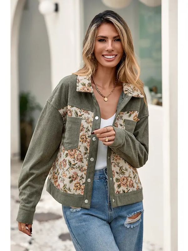 RIBBED FLORAL PATCHWORK SHIRT JACKET
