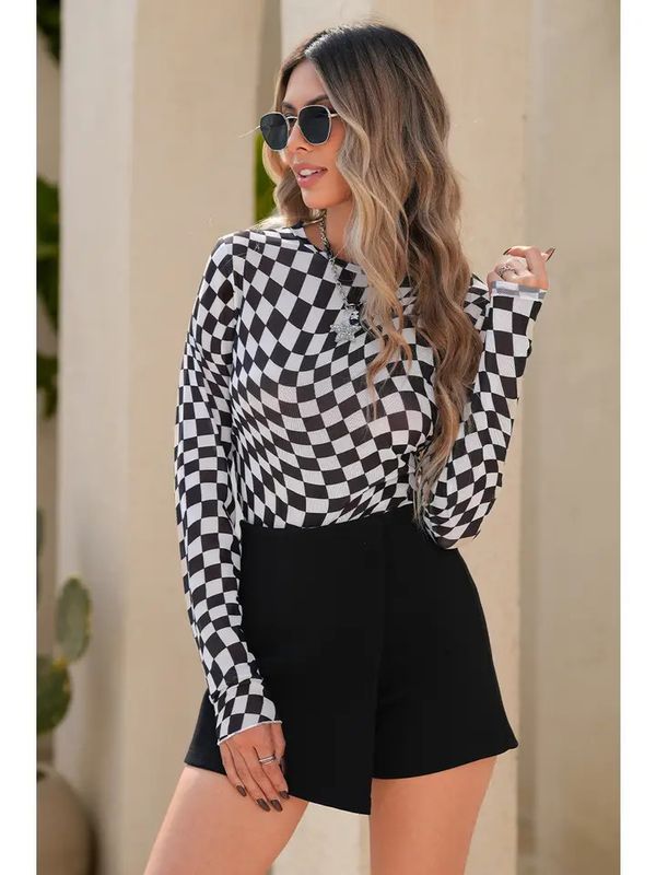 CHECKERED MESH MOCK TOP