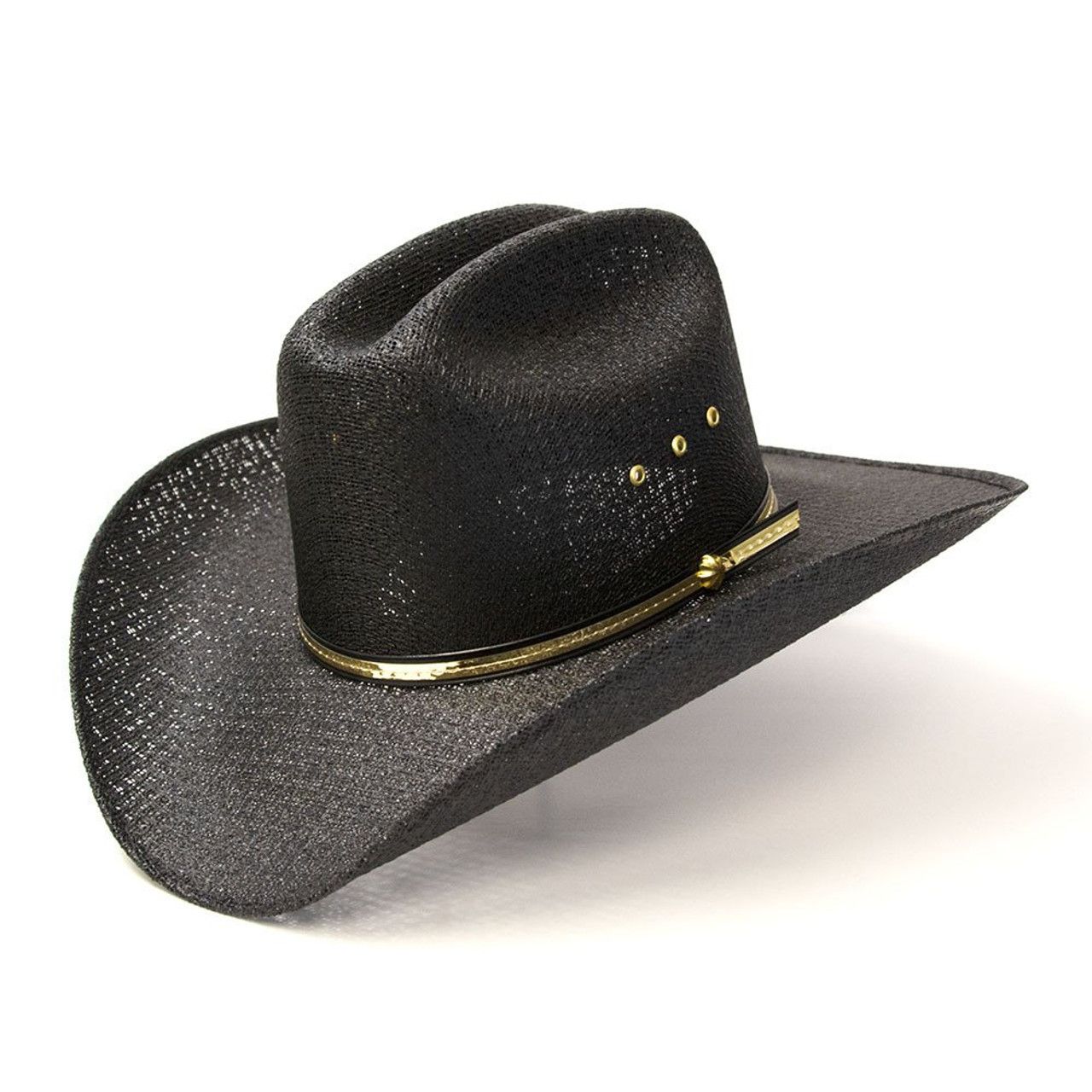 BLACK STRAW WESTERN CATTLEMAN HAT WITH GOLD HAT BAND