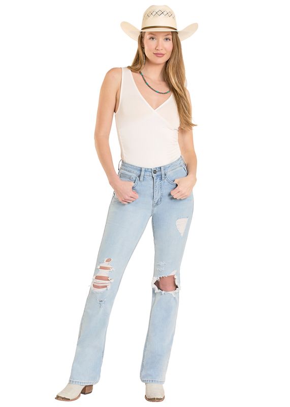 ROCK &amp; ROLL DISTRESSED HIGH RISE BOOTCUT JEAN