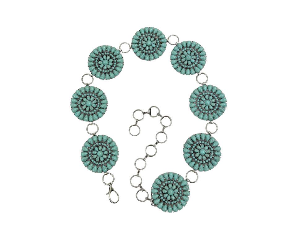 SILVER METAL WITH BLUE TURQUOISE STONE CONCHO BELT
