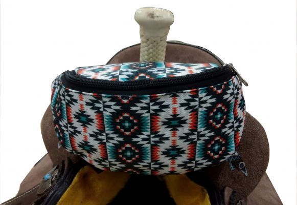 SHOWMAN SADDLE POUCH WHITE, PEACH, TEAL AZTEC