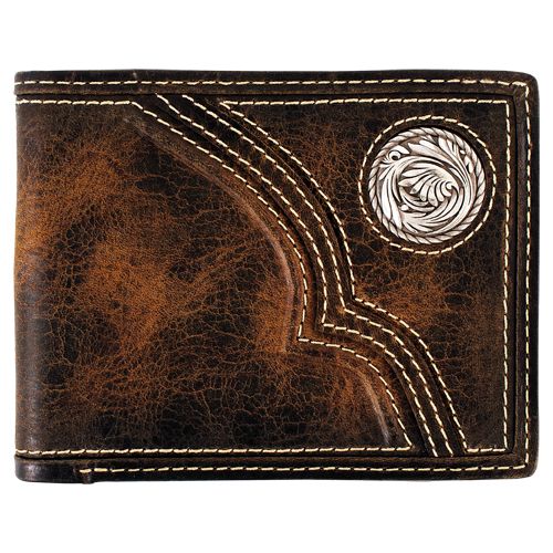 JUSTIN GENUINE OILED LEATHER BIFOLD WALLET TRAPUNTO WITH CONCHO