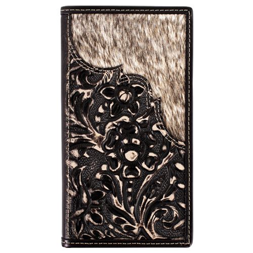 JUSTIN GENUINE LEATHER RODEO WALLET FLORAL TOOLING W/HAIR ON INLAY