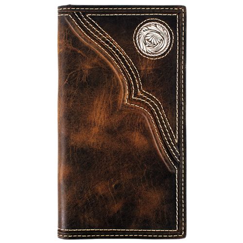 JUSTIN GENUINE OILED LEATHER RODEO WALLET TRAPUNTO WITH CONCHO