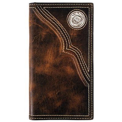 JUSTIN GENUINE OILED LEATHER RODEO WALLET TRAPUNTO WITH CONCHO