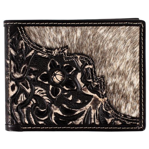 JUSTIN GENUINE LEATHER BIFOLD WALLET FLORAL TOOLING W/HAIR ON INLAY