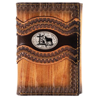 JUSTIN GENUINE LEATHER TRIFOLD WALLET TEXTURED W/PRAYING COWBOY