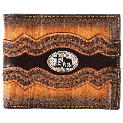 JUSTIN GENUINE LEATHER BIFOLD WALLET TEXTURED W/PRAYING COWBOY