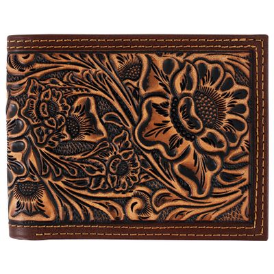 JUSTIN GENUINE LEATHER BIFOLD WALLET TAN FLORAL TOOLING