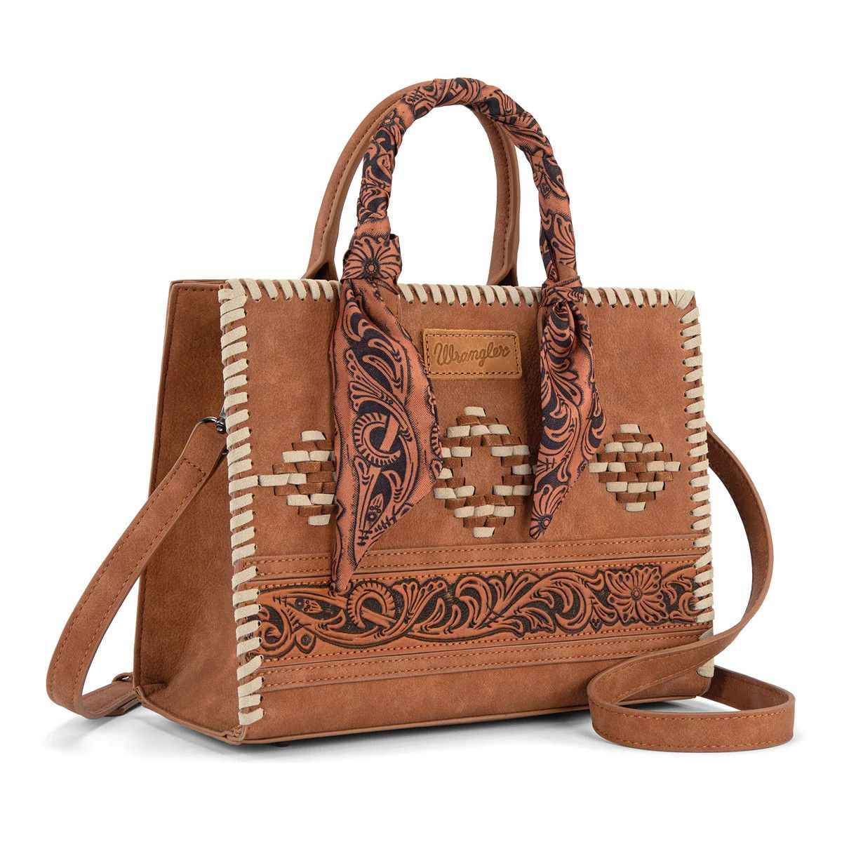 WRANGLER WHIPSTITCH AZTEC SATCHEL W/SCARF, Color: BROWN