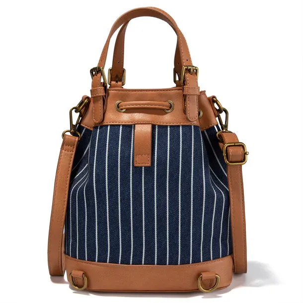 LEE STRIPED DENIM BUCKET BAG/CROSSBODY/CONVERTIBLE BACKPACK