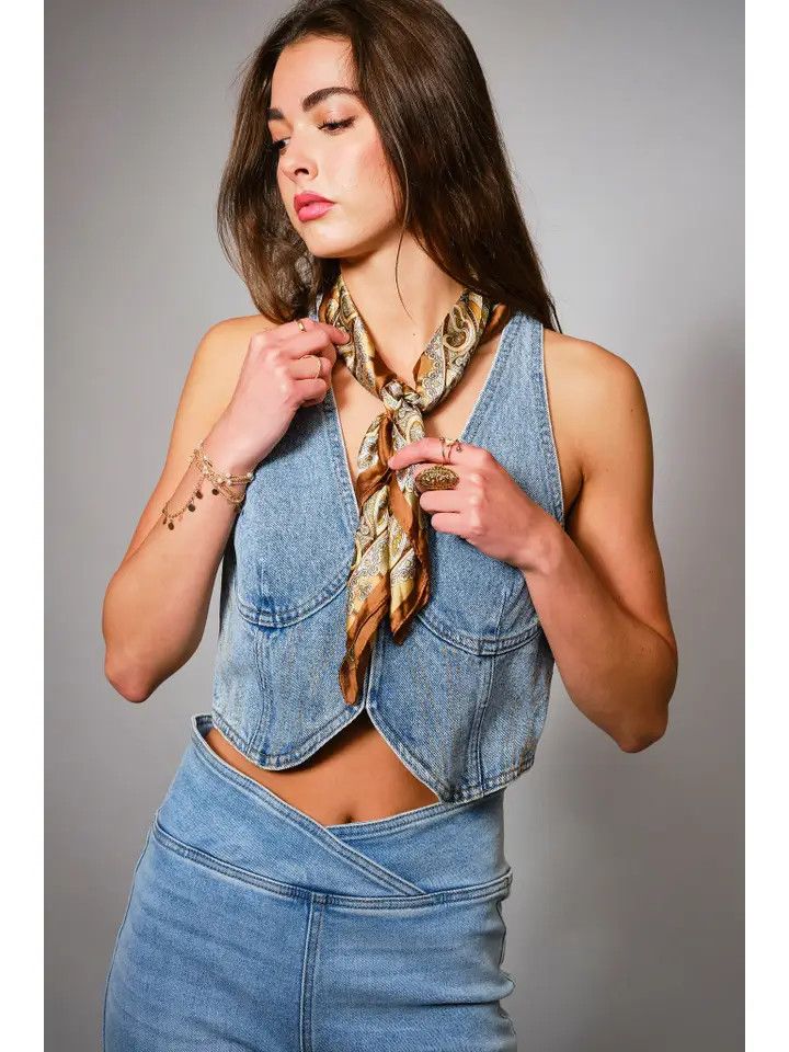BLUE B PLUNGE NECK BUSTIER CROP DENIM TOP