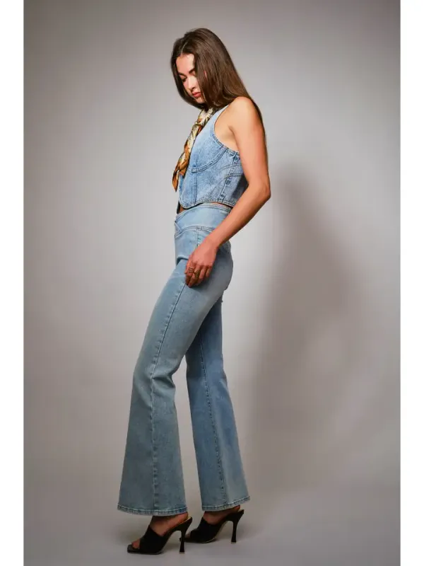 BLUE B PLUNGE NECK BUSTIER CROP DENIM TOP