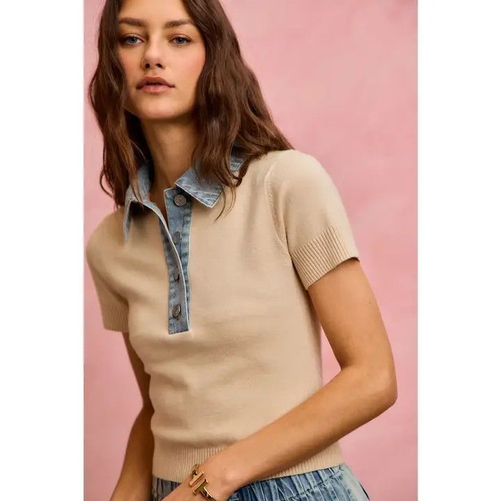 SO ME DENIM CONTRASTING COLLARED SHORT SLEEVES SWEATER TOP