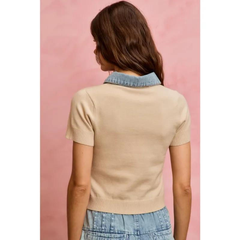 DENIM CONTRASTING COLLARED SHORT SLEEVES SWEATER TOP