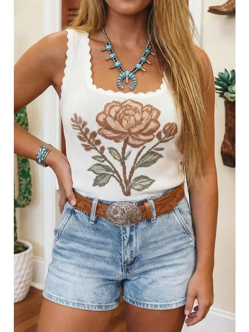RETRO FLORAL SCALLOPED KNIT SWEATER VEST