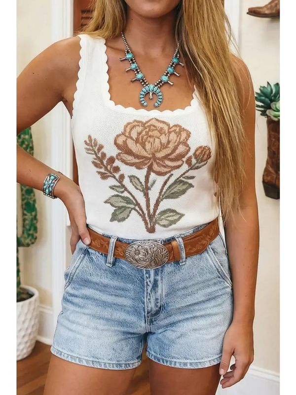 RETRO FLORAL SCALLOPED KNIT SWEATER VEST