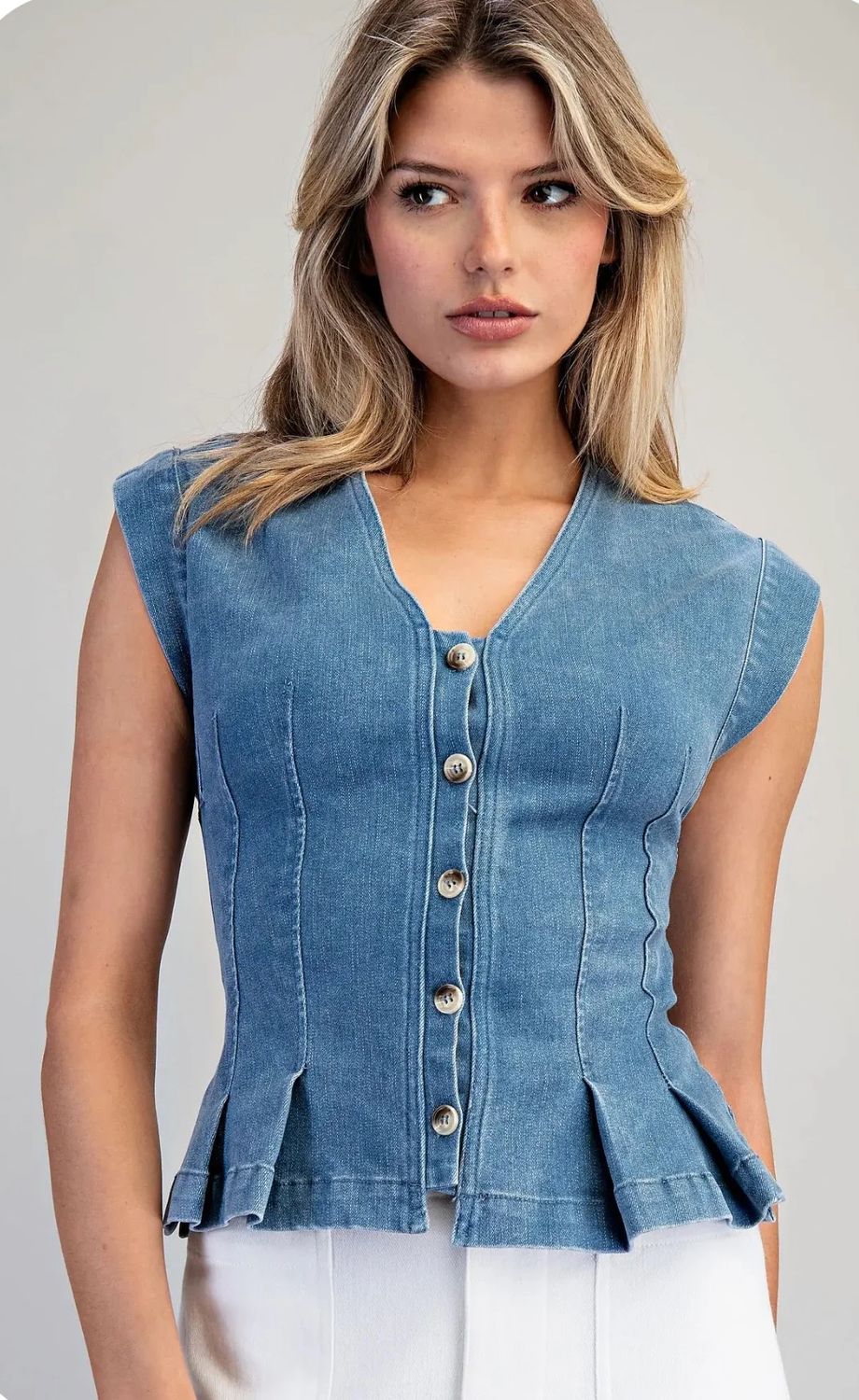 PLEATED BUTTON DOWN DENIM TOP