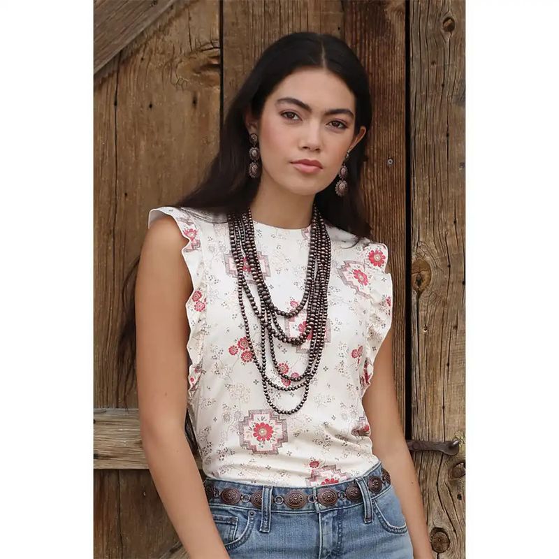 CRUEL DENIM FLORAL RUFFLE TANK