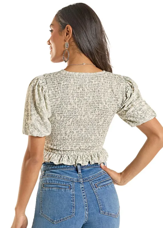 ROCK &amp; ROLL FLORAL SMOCKED PEPLUM TOP
