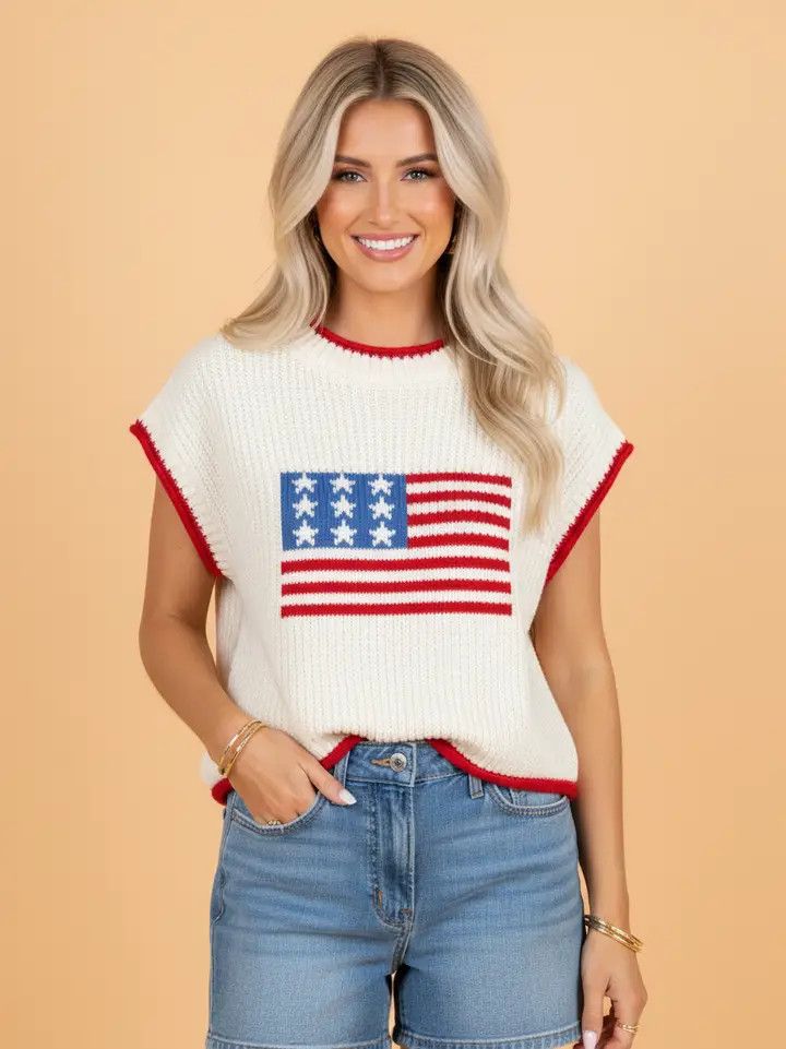 USA FLAG CROPPED SHORT SLEEVE SWEATER