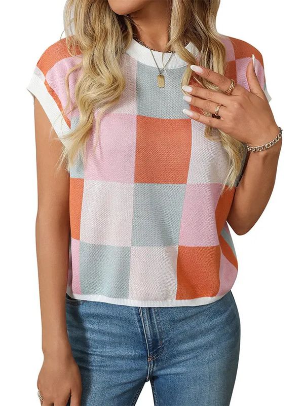 CHECKERED CAP SLEEVE CREW KNIT TOP