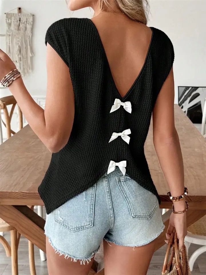 WAFFLE KNIT BOW TOP
