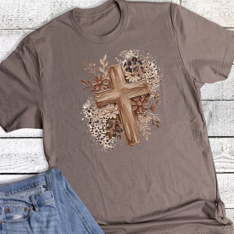 BOHO FAITH LEOPARD FLORAL CROSS TEE