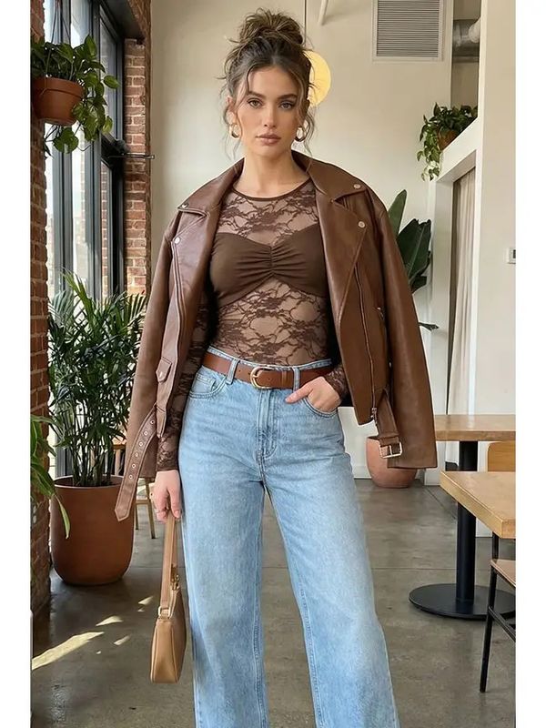 Ruched Sheer Lace Top