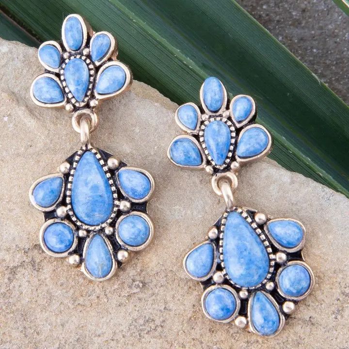 Concho Denim Blue Lapis Double Golden Drop Earrings
