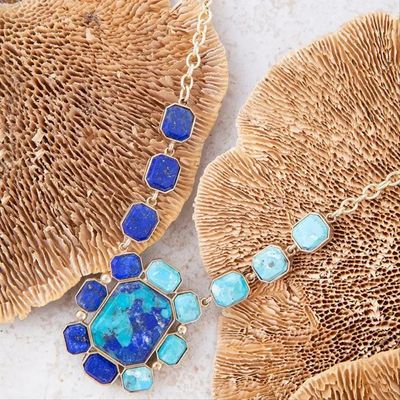 Blue Lapis and Turquoise Golden Pendant Necklace