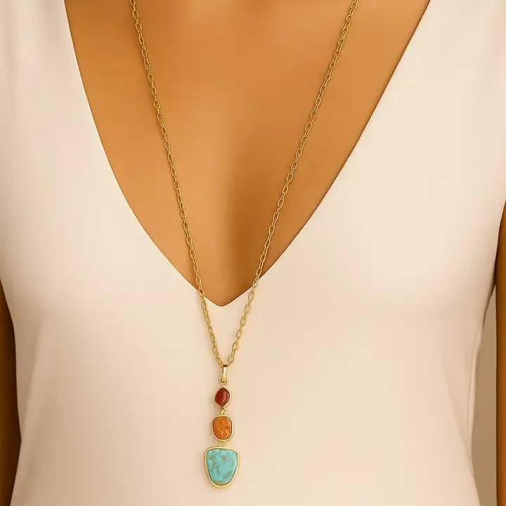 Santa Fe Blue Turquoise Golden Pendant Necklace